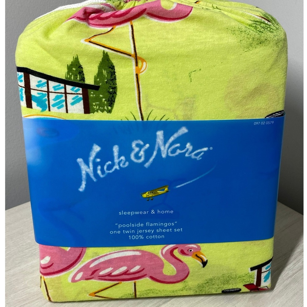 NEW Nick & Nora Poolside Flamingos Twin Jersey Sheet Set 100% Cotton Retired